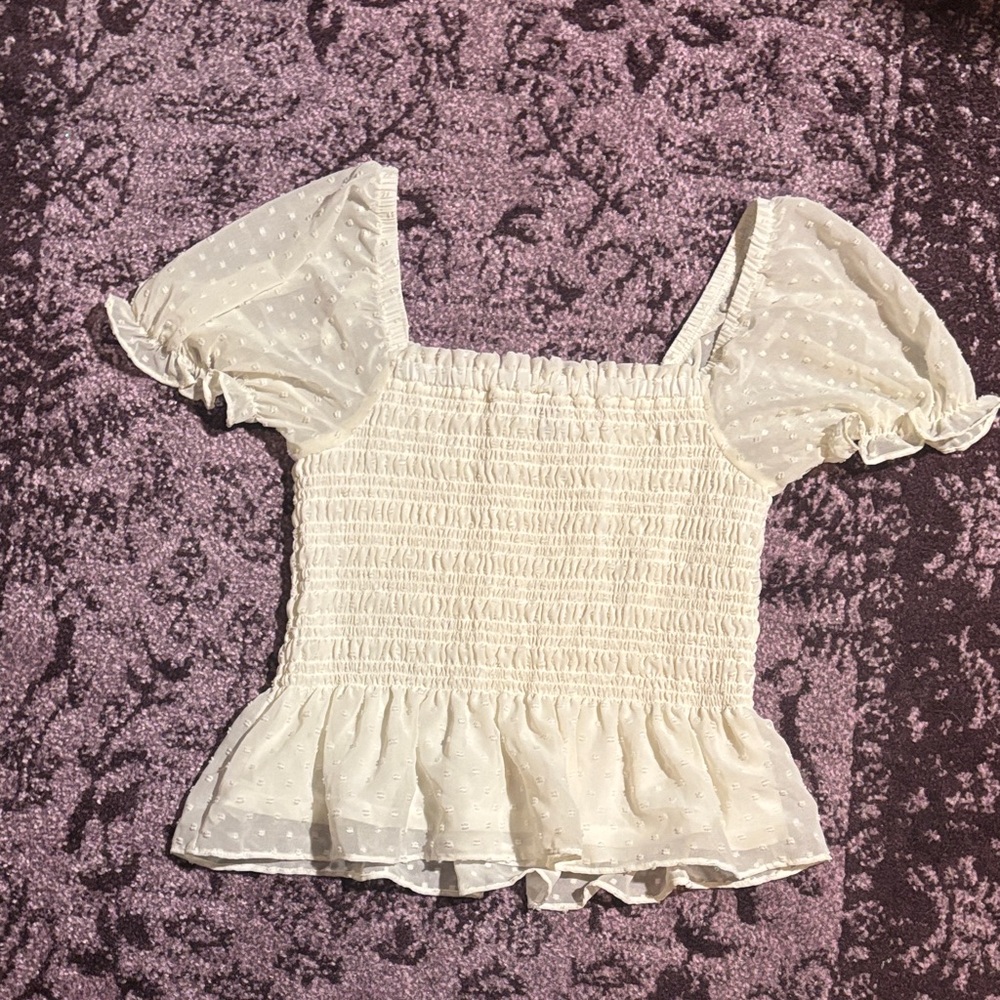 Moa Moa Cream Smocked Blouse with Puff Sleeves